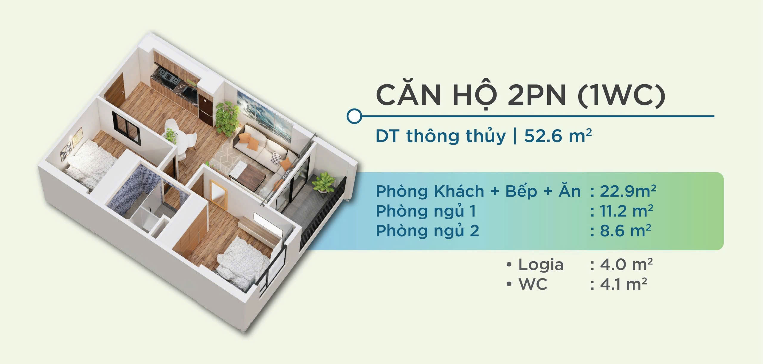 Thiết kế 3D Chi tiết căn hộ Yên Bình Complex Thái Nguyên- Căn hộ 2PN-1WC