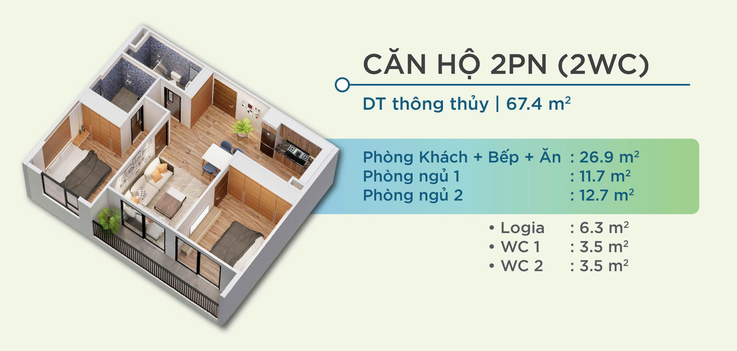 Thiết kế 3D Chi tiết căn hộ Yên Bình Complex Thái Nguyên- Căn hộ 2PN-2wc