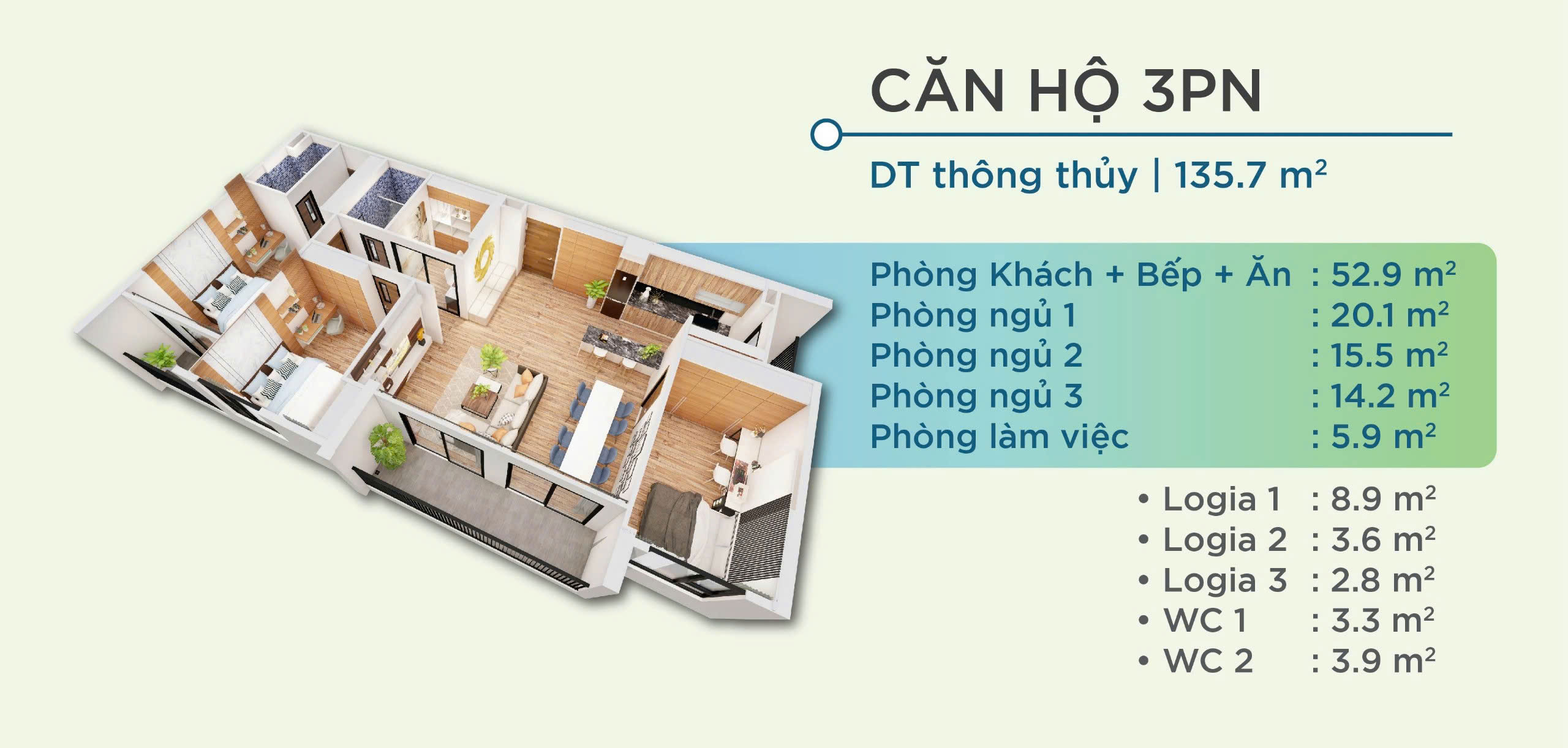 Thiết kế 3D Chi tiết căn hộ Yên Bình Complex Thái Nguyên- Căn hộ 3PN